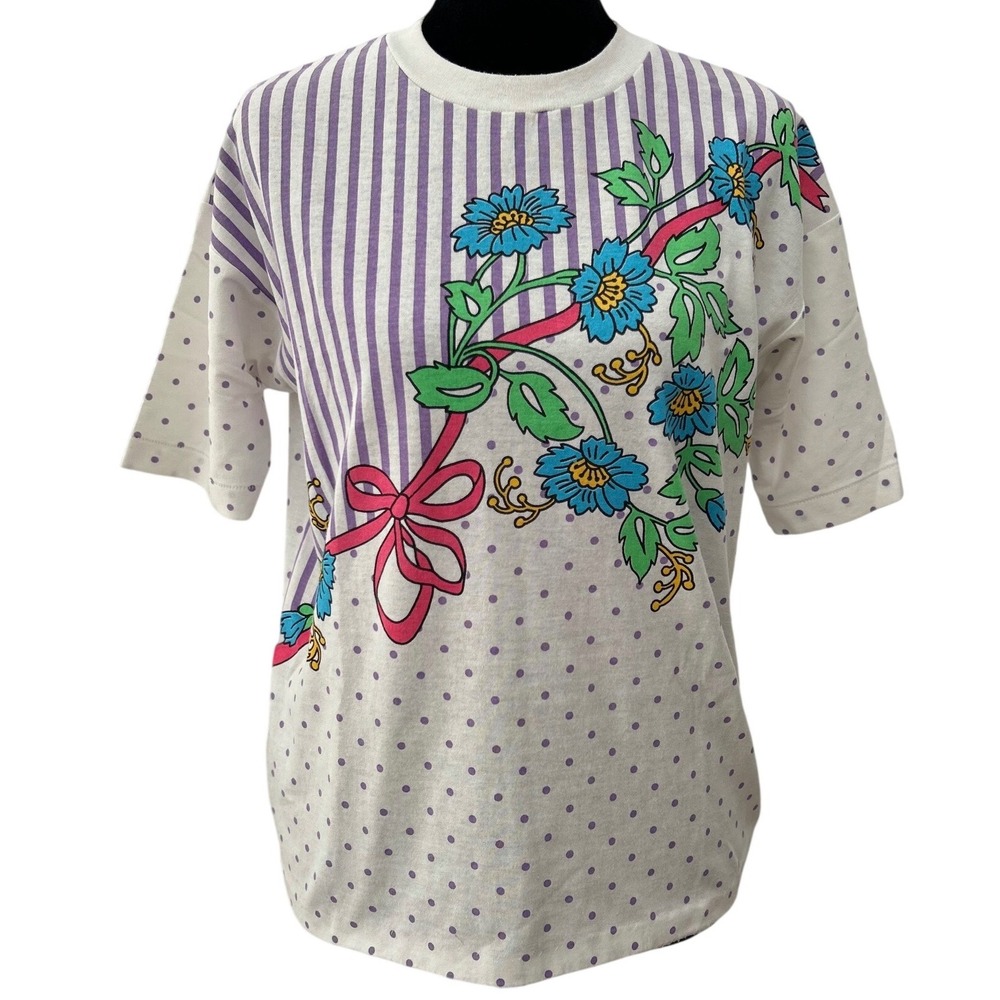 Vintage Casual Code 3 Floral Polka Dot Striped T-Shirt White Purple Blue Medium